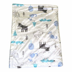 Bon Bebe Winter Woodland Animals Plush Baby Blanket Moose Bear Fox Trees Blue